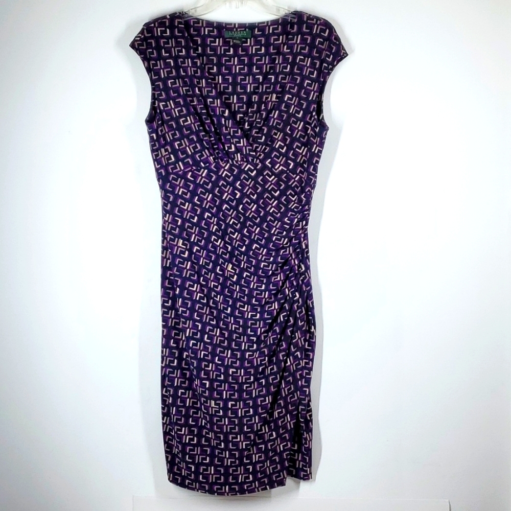 LAUREN Ralph Lauren Faux Wrap Geometric Abstract Sheath Dress 10 NWOT